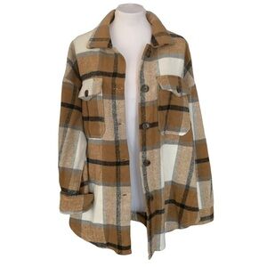 Altar’d State Flannel Jacket Shacket Cozy Fall Brown Black Cream Sz M
